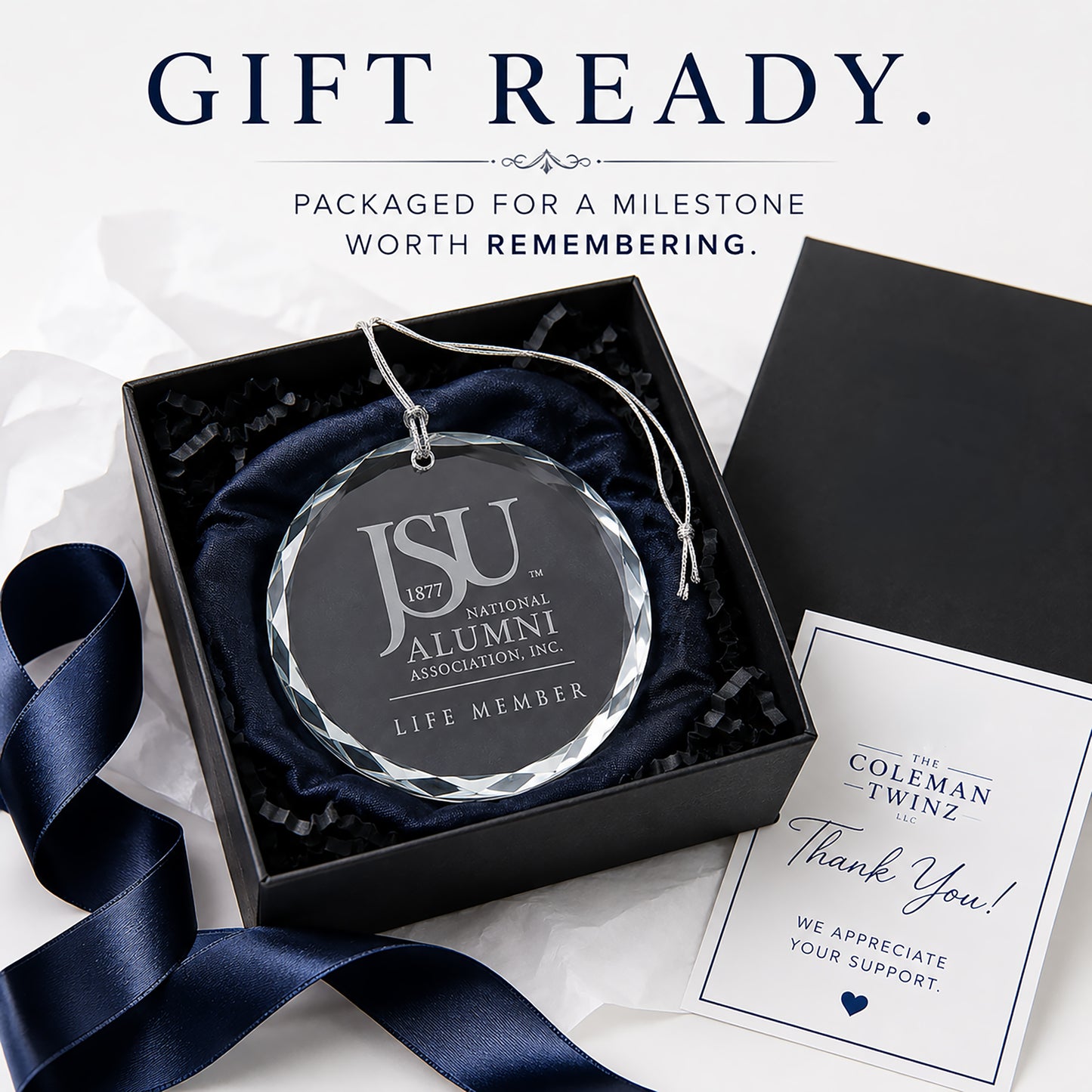 Jackson State University Life Member crystal ornament packaged in a lined gift box with silver hanging string.