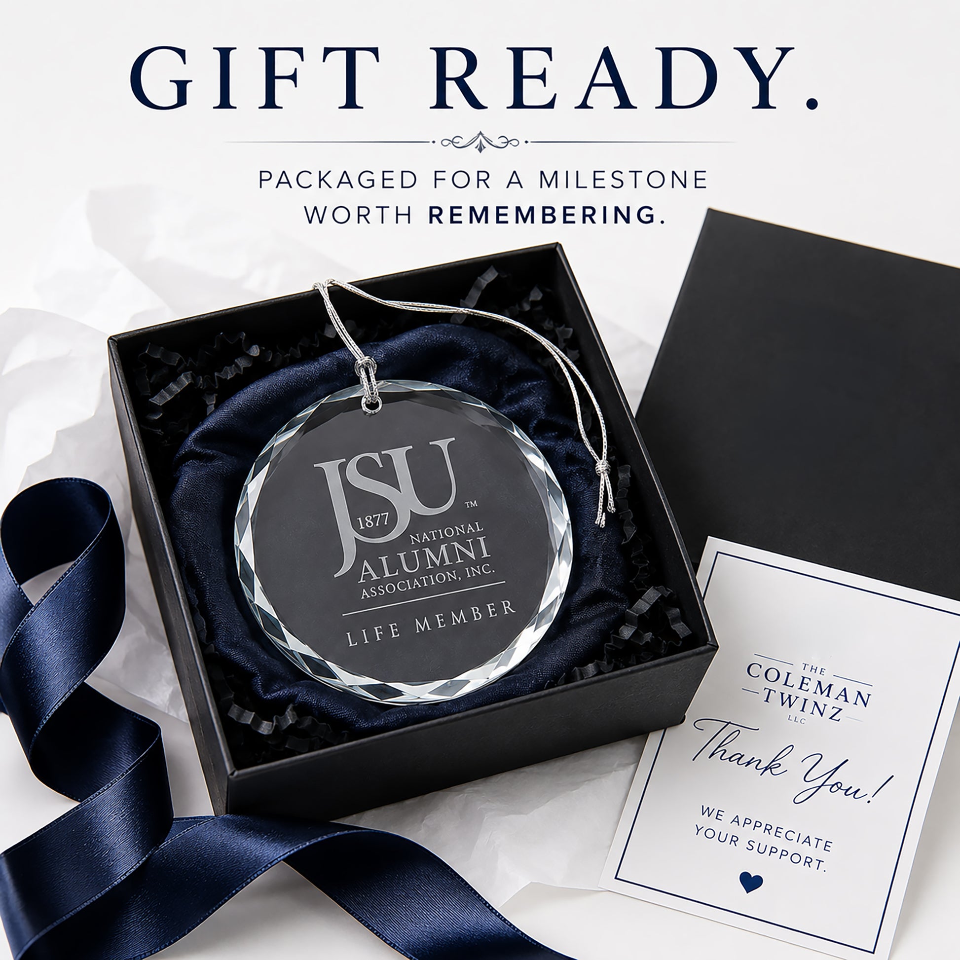 Jackson State University Life Member crystal ornament packaged in a lined gift box with silver hanging string.