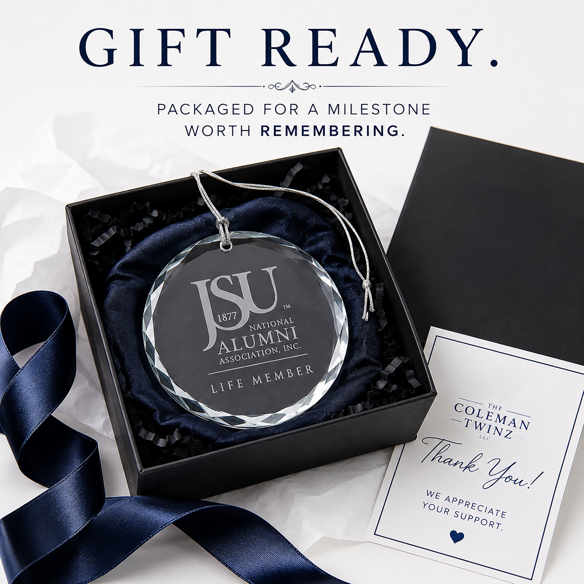 Jackson State University Life Member crystal ornament packaged in a lined gift box with silver hanging string.