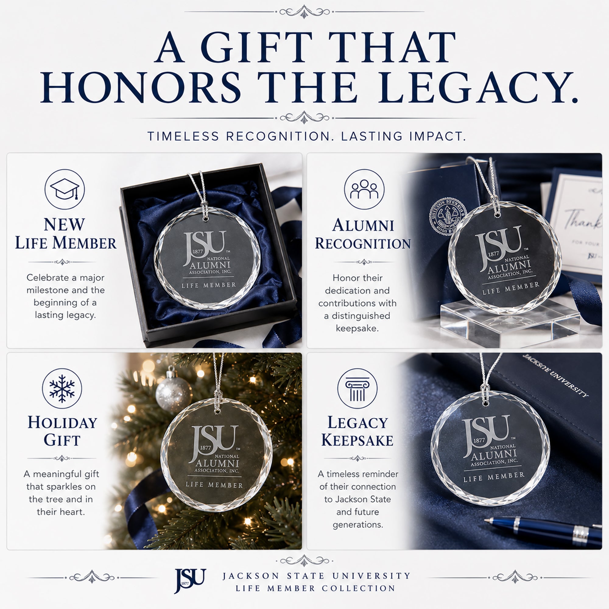 Gift guide featuring Jackson State University Life Member crystal ornaments for new life members, alumni recognition, holiday gifts, and legacy keepsakes.