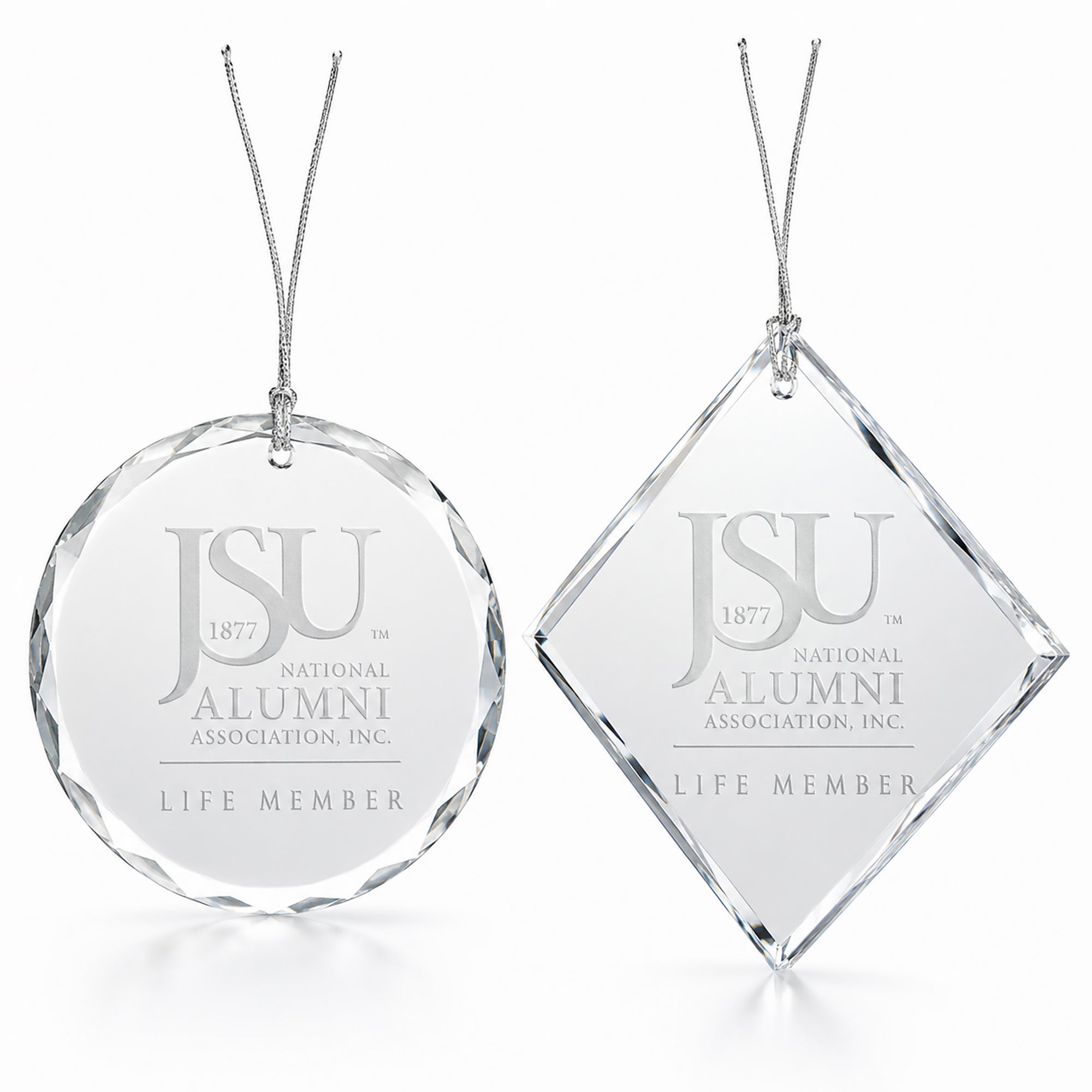 Officially licensed Jackson State University Life Member crystal ornament with frosted engraving and silver hanging string.