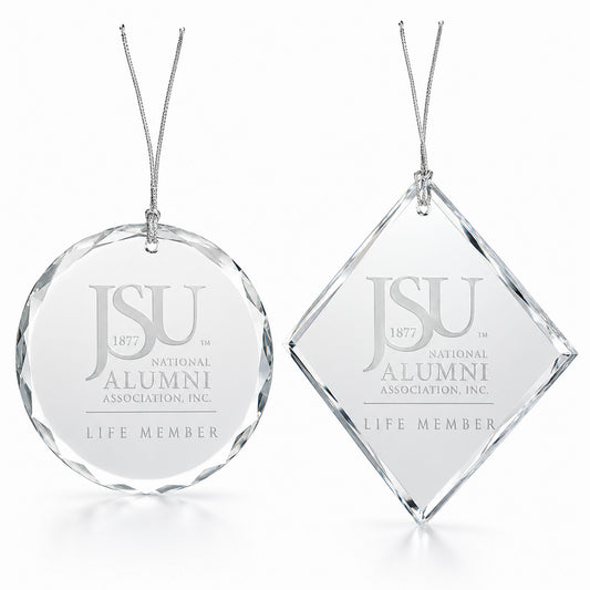 Officially licensed Jackson State University Life Member crystal ornament with frosted engraving and silver hanging string.