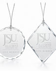 Officially licensed Jackson State University Life Member crystal ornament with frosted engraving and silver hanging string.