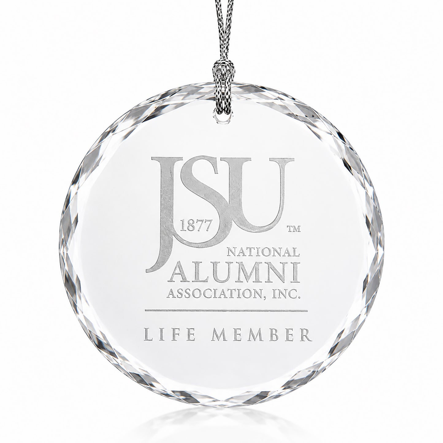 Round faceted Jackson State University Life Member crystal ornament shape.