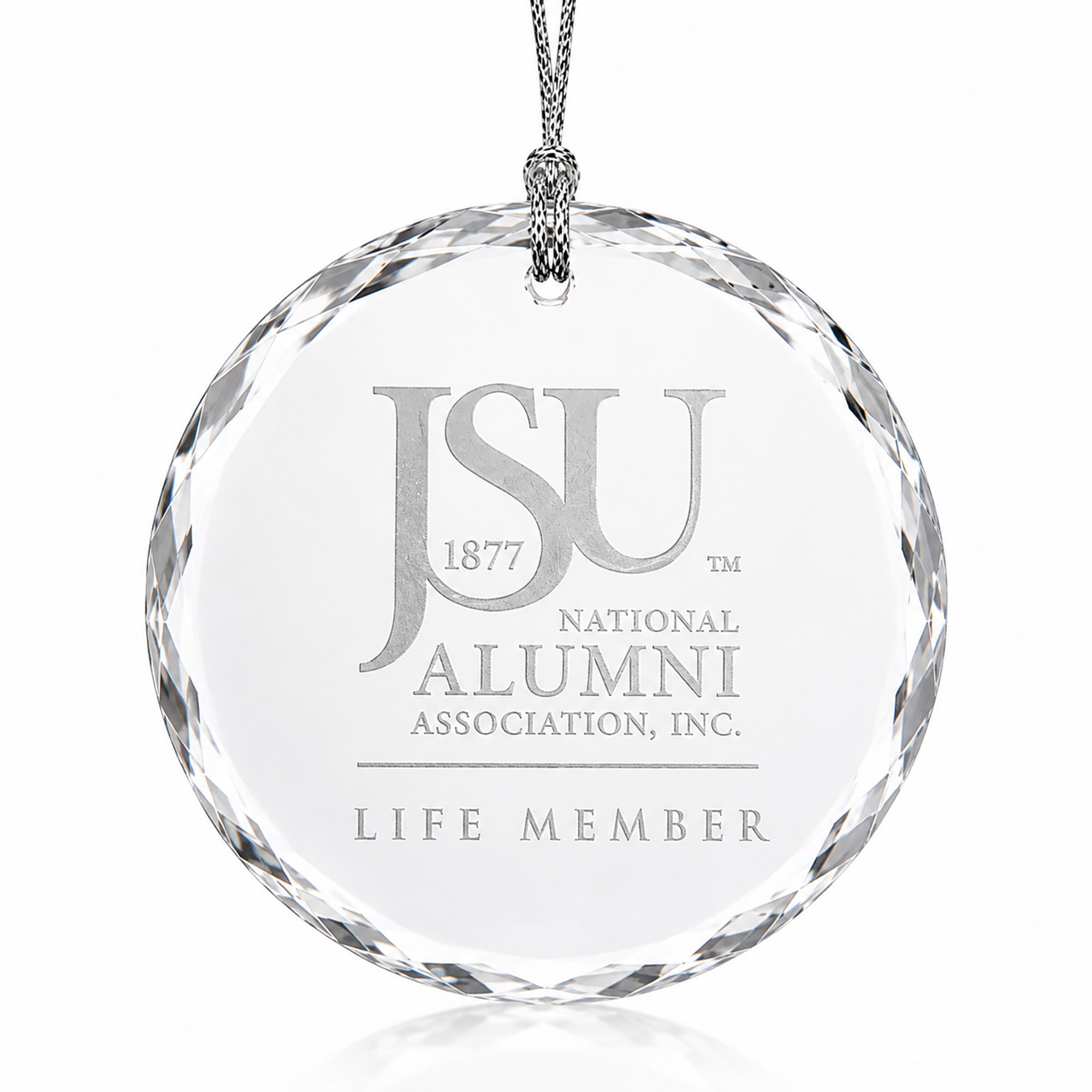 Round faceted Jackson State University Life Member crystal ornament shape.