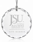Round faceted Jackson State University Life Member crystal ornament shape.