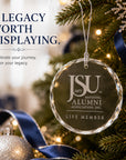 Jackson State University Life Member crystal ornament hanging on a Christmas tree with elegant navy and silver holiday decor.