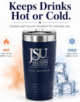 Insulated Jackson State University Life Member tumbler for hot and cold drinks.