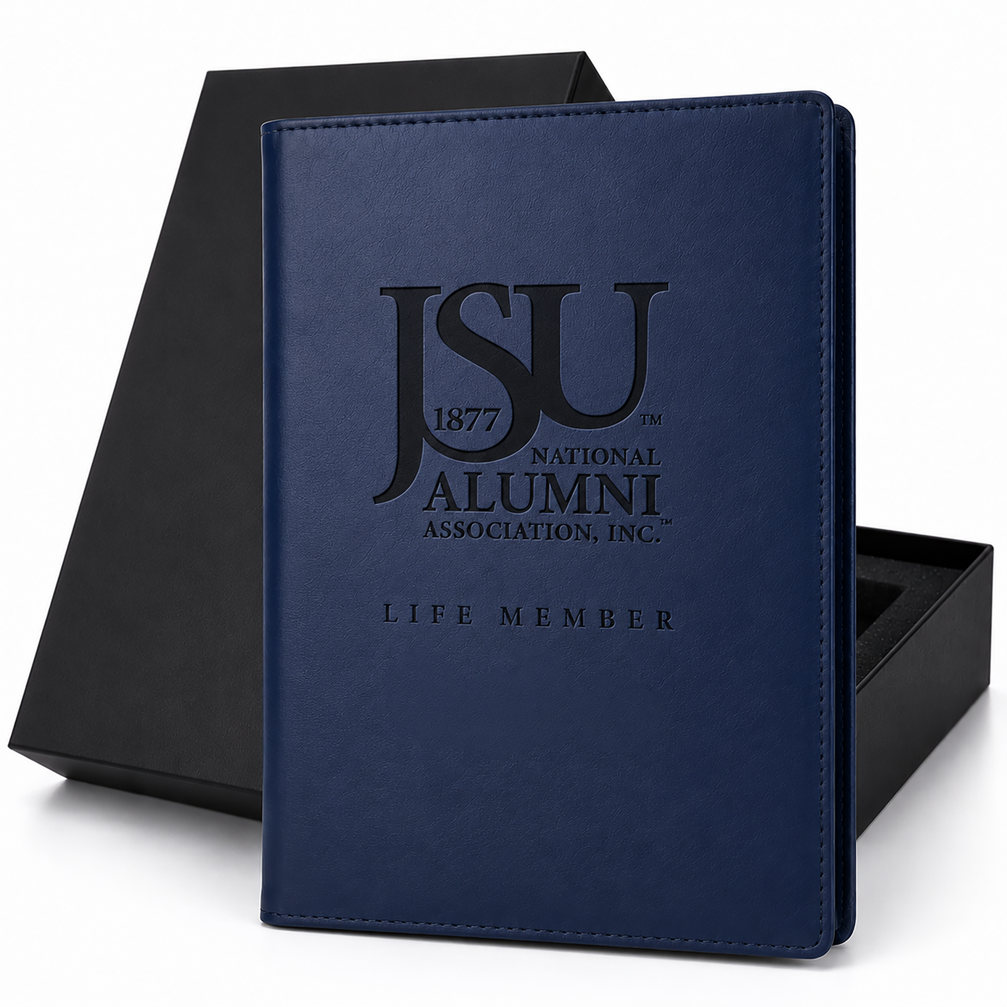Officially licensed Jackson State University Life Member blue leatherette journal with premium gift box.
