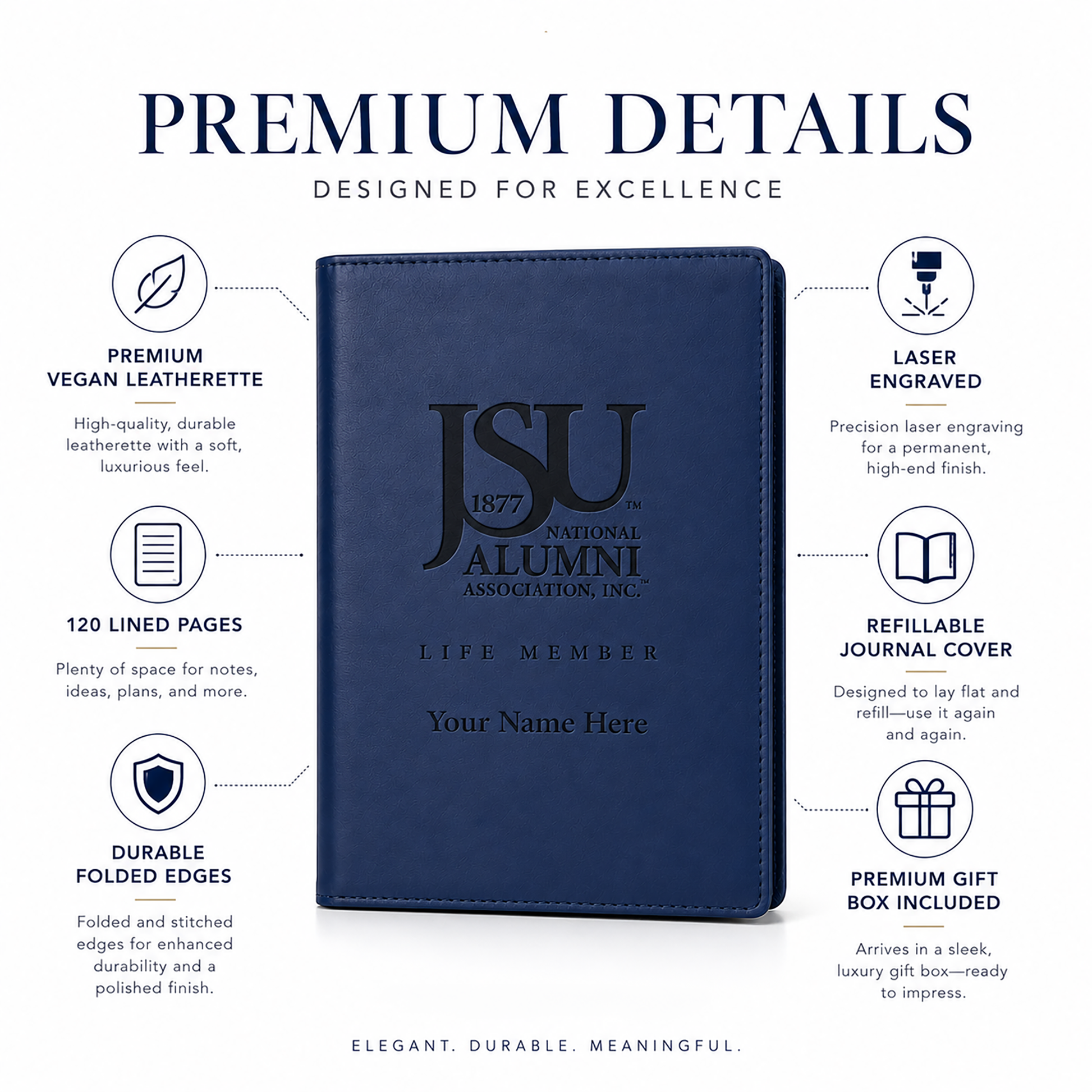 Features of the Jackson State University Life Member leatherette journal.