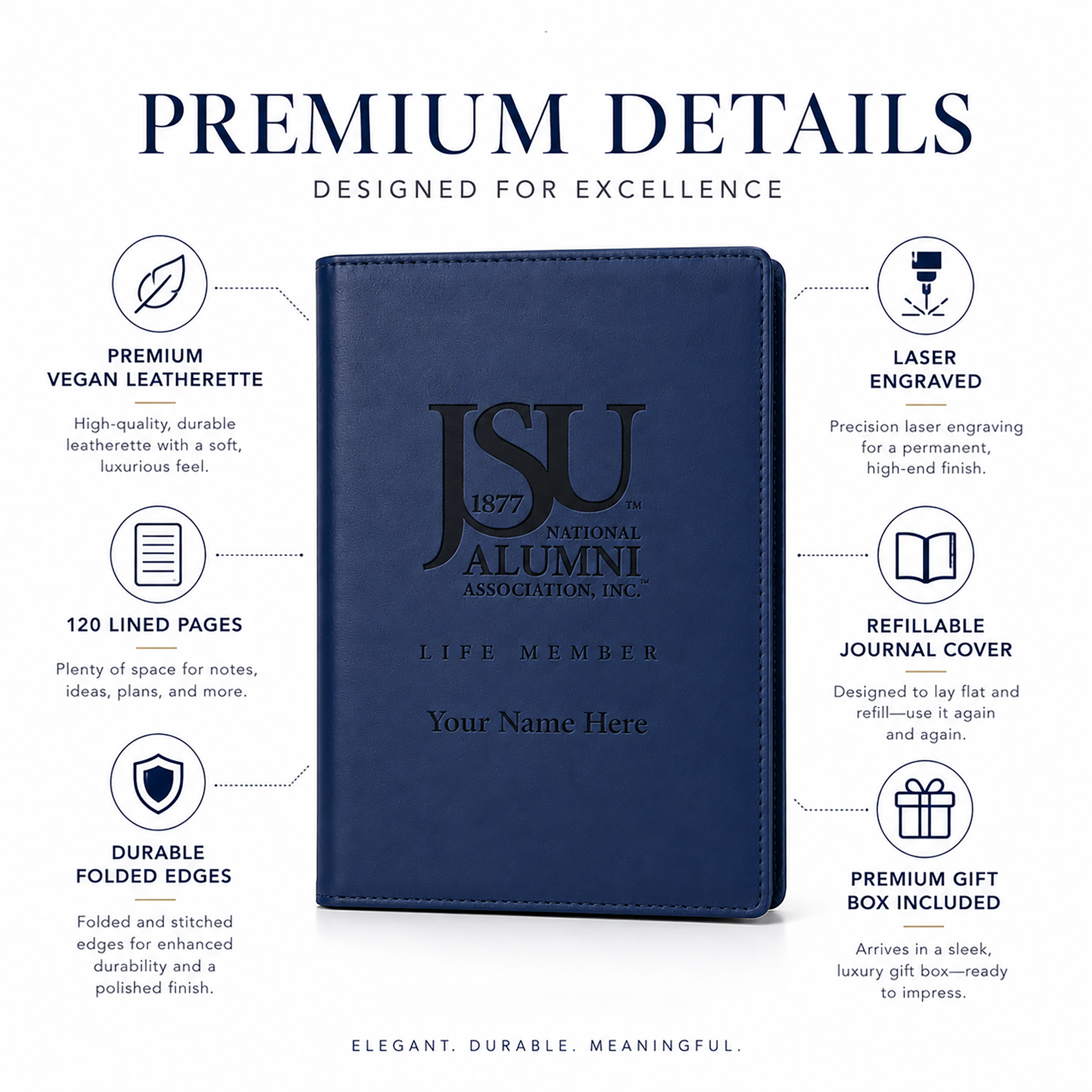 Features of the Jackson State University Life Member leatherette journal.