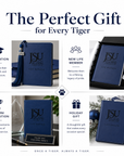Close-up of the leather texture and laser engraving on the Jackson State University Life Member journal.