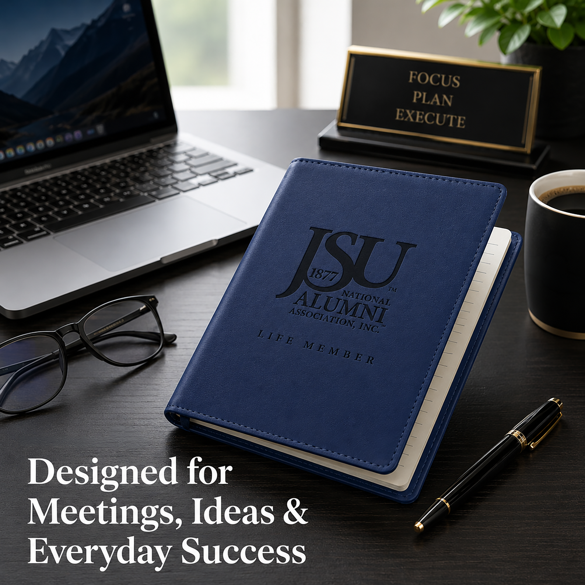 Jackson State University Life Member journal on a modern executive desk.