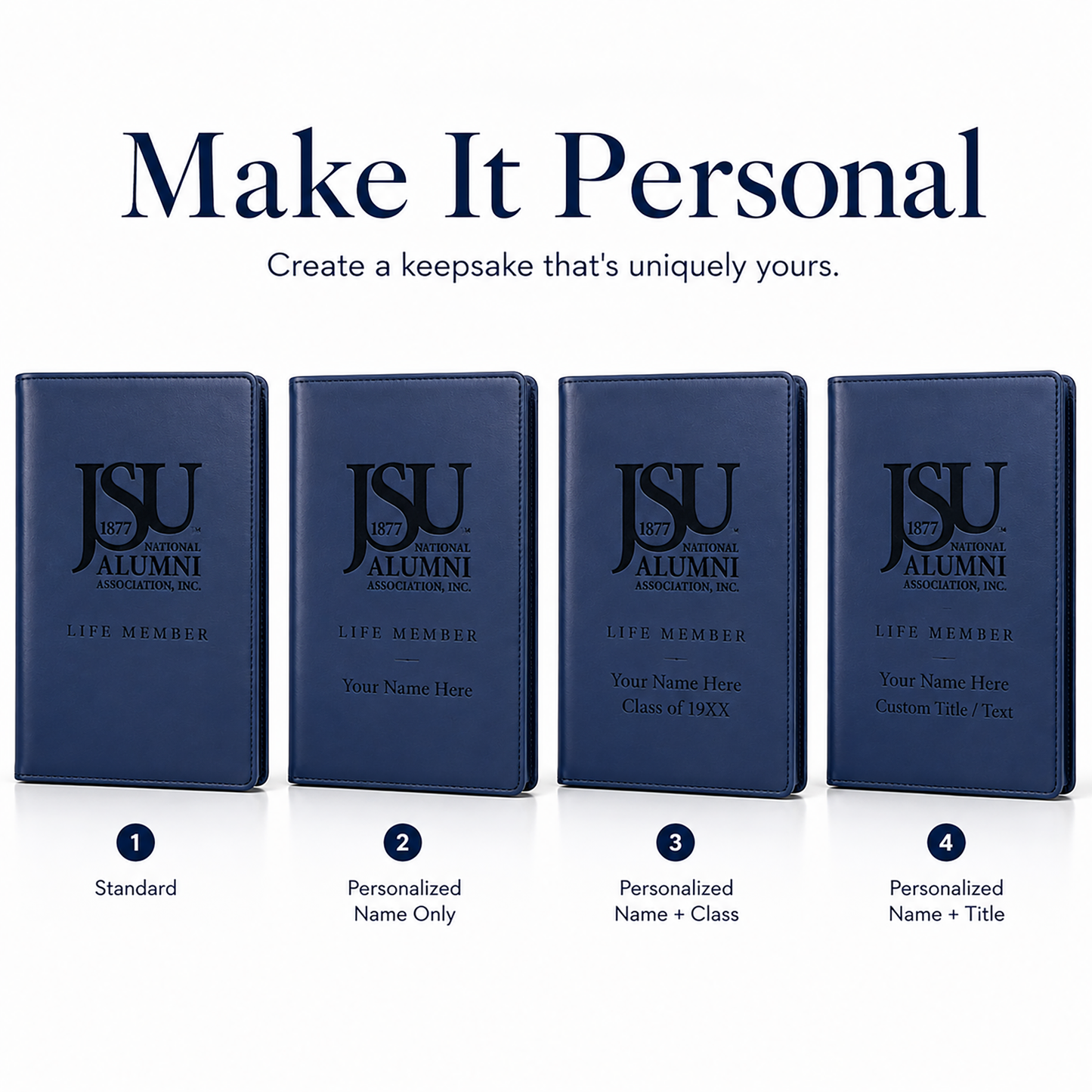 Personalization options for the Jackson State University Life Member leatherette journal.