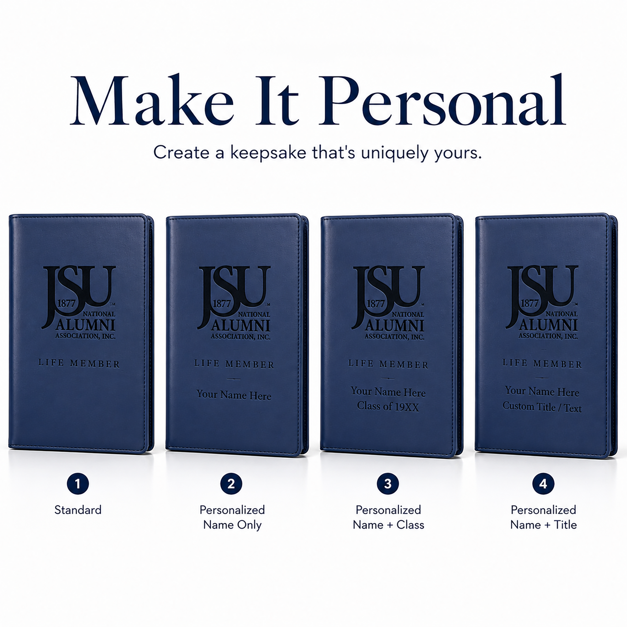Personalization options for the Jackson State University Life Member leatherette journal.