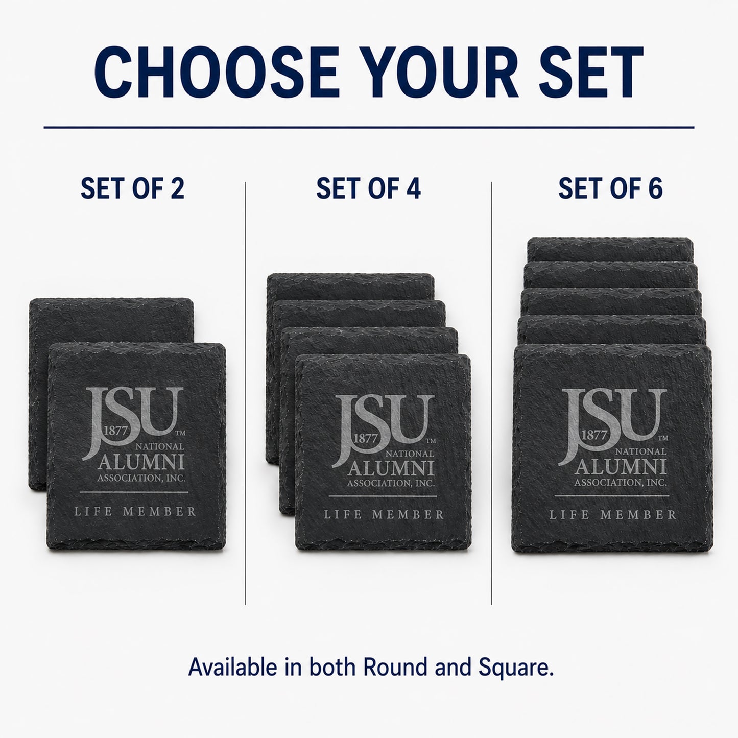 Jackson State University Life Member slate coasters available in sets of 2, 4, and 6.