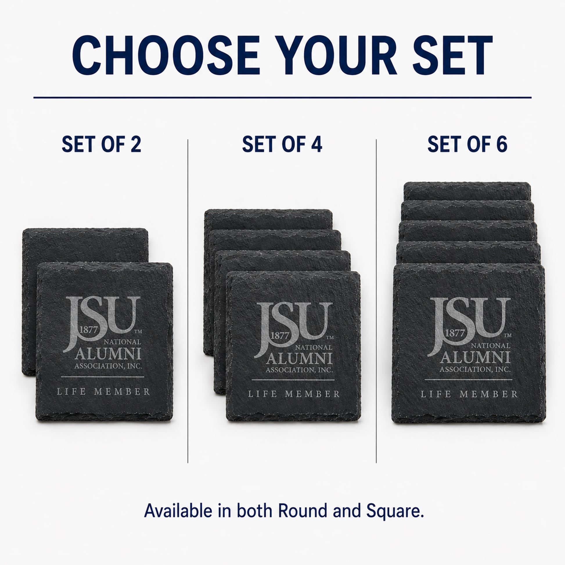 Jackson State University Life Member slate coasters available in sets of 2, 4, and 6.
