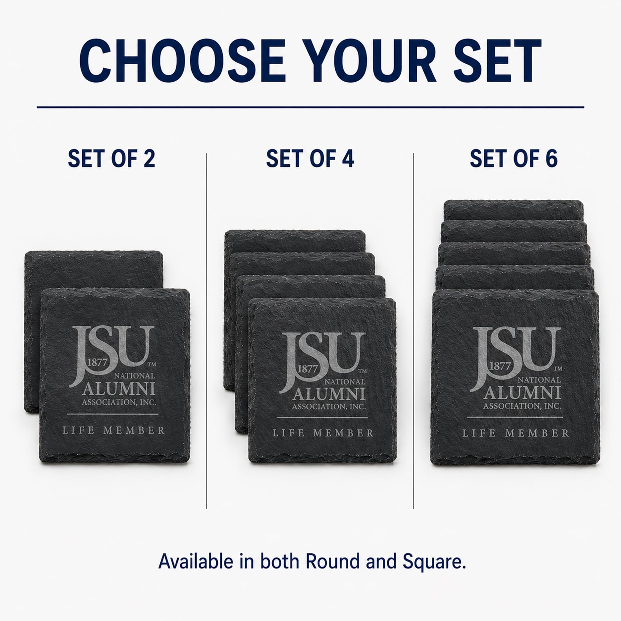 Jackson State University Life Member slate coasters available in sets of 2, 4, and 6.