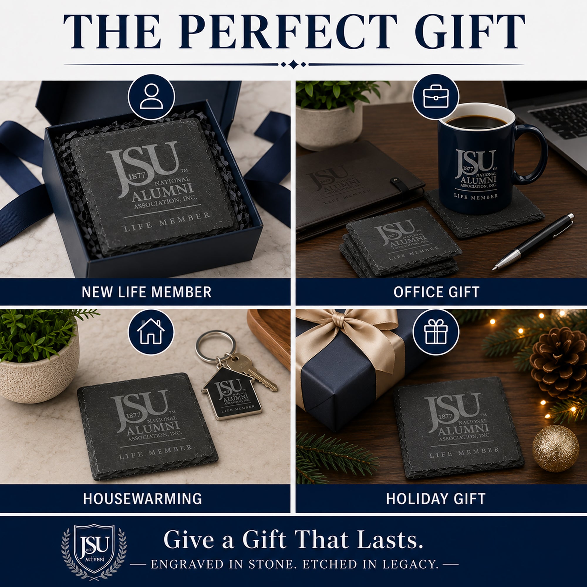 Gift guide featuring Jackson State University Life Member engraved slate coasters for new life members, office gifts, housewarming gifts, and holiday gifts.