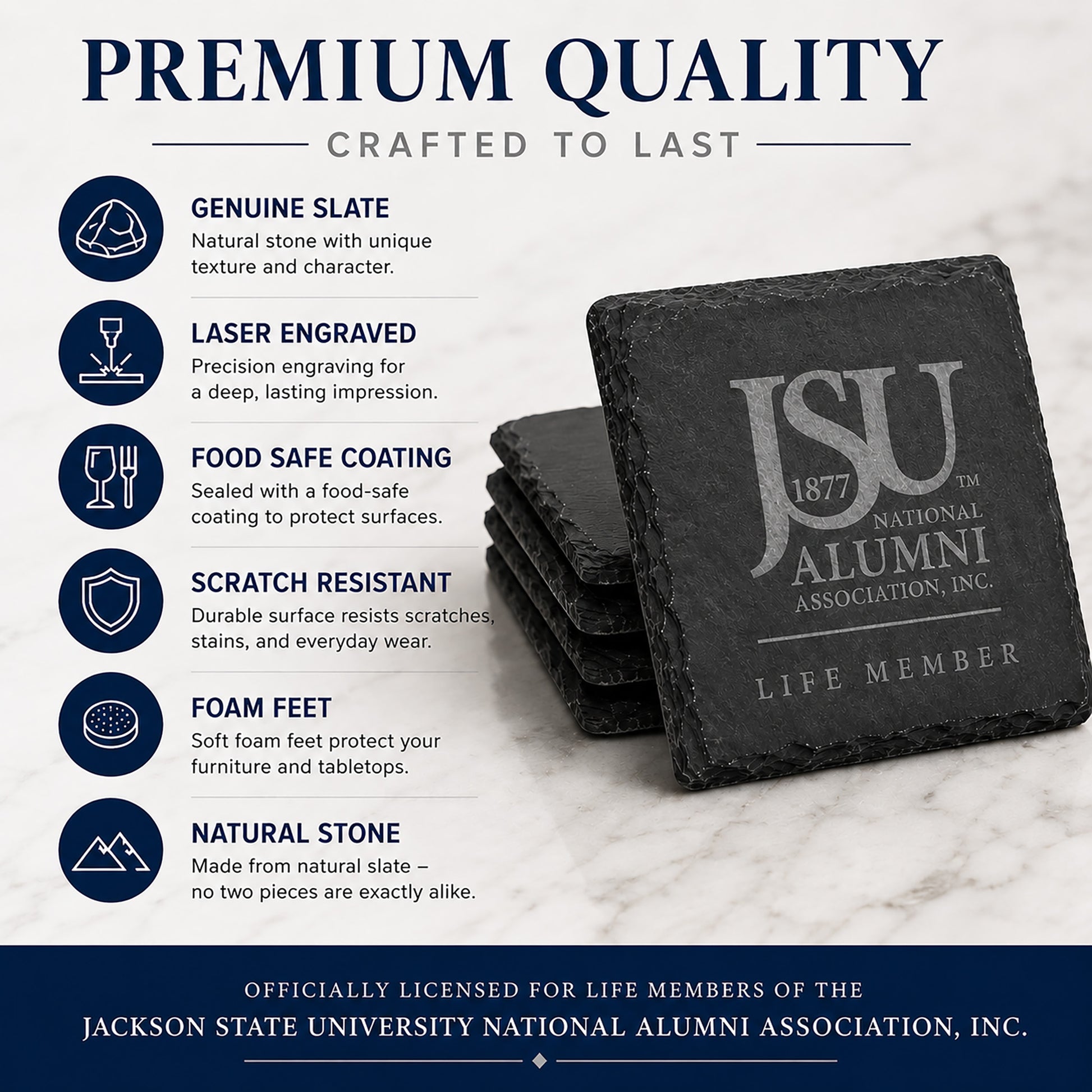 Infographic highlighting the features of Jackson State University Life Member slate coasters including genuine slate, laser engraving, food-safe coating, scratch resistance, foam feet, and natural stone construction.