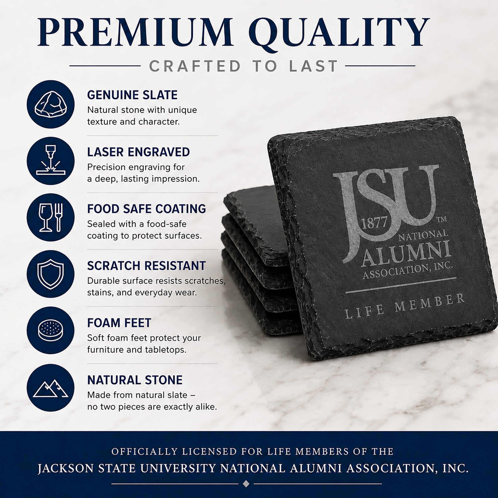 Infographic highlighting the features of Jackson State University Life Member slate coasters including genuine slate, laser engraving, food-safe coating, scratch resistance, foam feet, and natural stone construction.