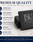 Infographic highlighting the features of Jackson State University Life Member slate coasters including genuine slate, laser engraving, food-safe coating, scratch resistance, foam feet, and natural stone construction.