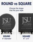 Comparison of round and square Jackson State University Life Member engraved slate coasters featuring the official JSU National Alumni Association logo.
