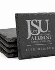 Set of four square engraved Jackson State University Life Member slate coasters featuring the official JSU National Alumni Association logo on natural charcoal slate.