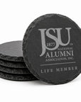 Set of four round engraved Jackson State University Life Member slate coasters featuring the official JSU National Alumni Association logo on natural charcoal slate.