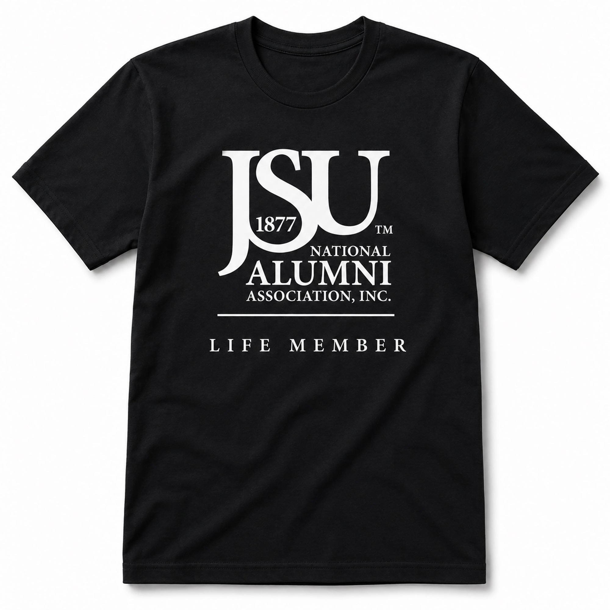 Officially licensed Jackson State University Life Member black T-shirt.