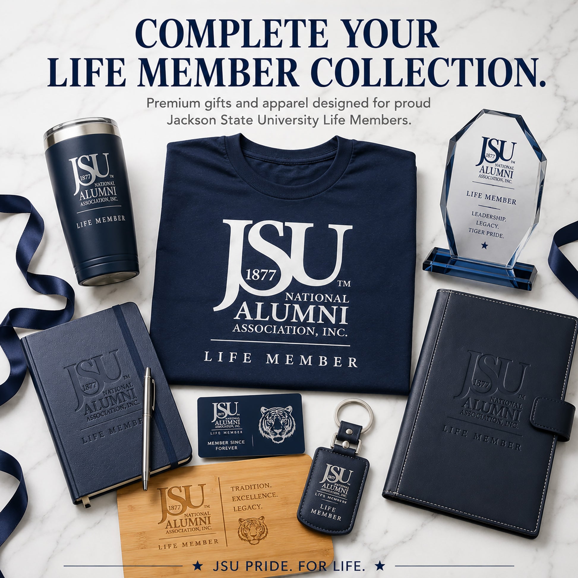 Jackson State University Life Member T-shirt shown with matching journal, tumbler, and executive gifts.