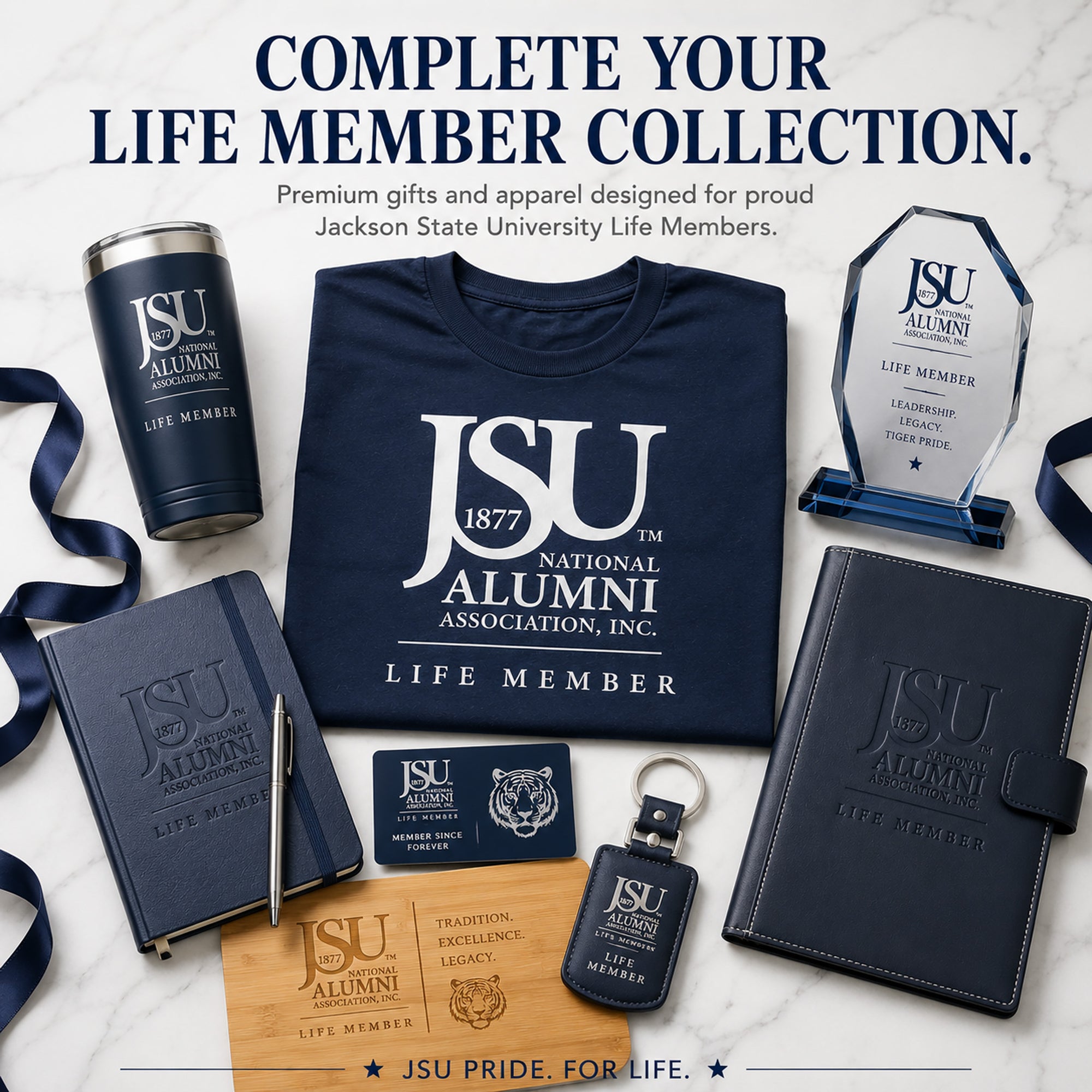 Jackson State University Life Member T-shirt shown with matching journal, tumbler, and executive gifts.