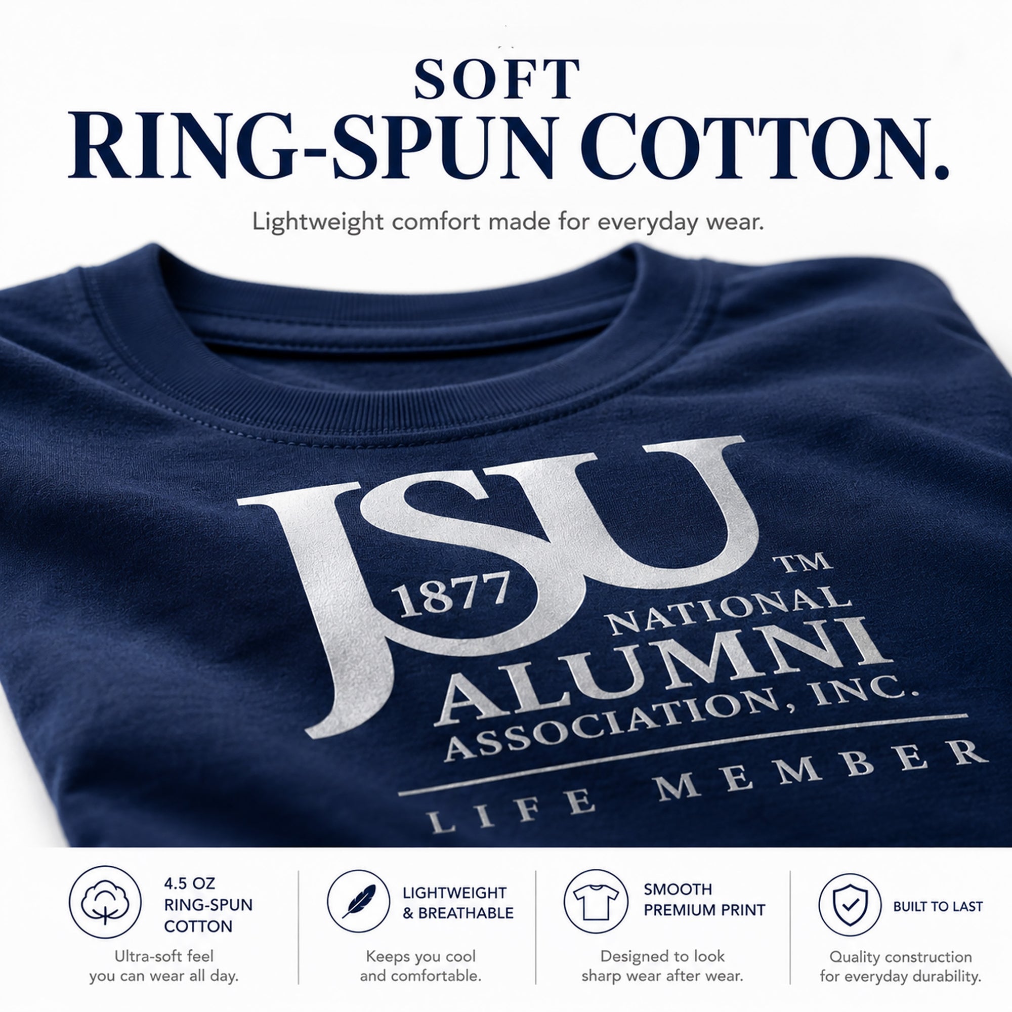 Close-up of soft ring-spun cotton fabric on the Jackson State University Life Member T-shirt.