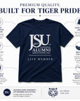 Features of the Jackson State University Life Member T-shirt including ring-spun cotton, tear-away label, and unisex fit.