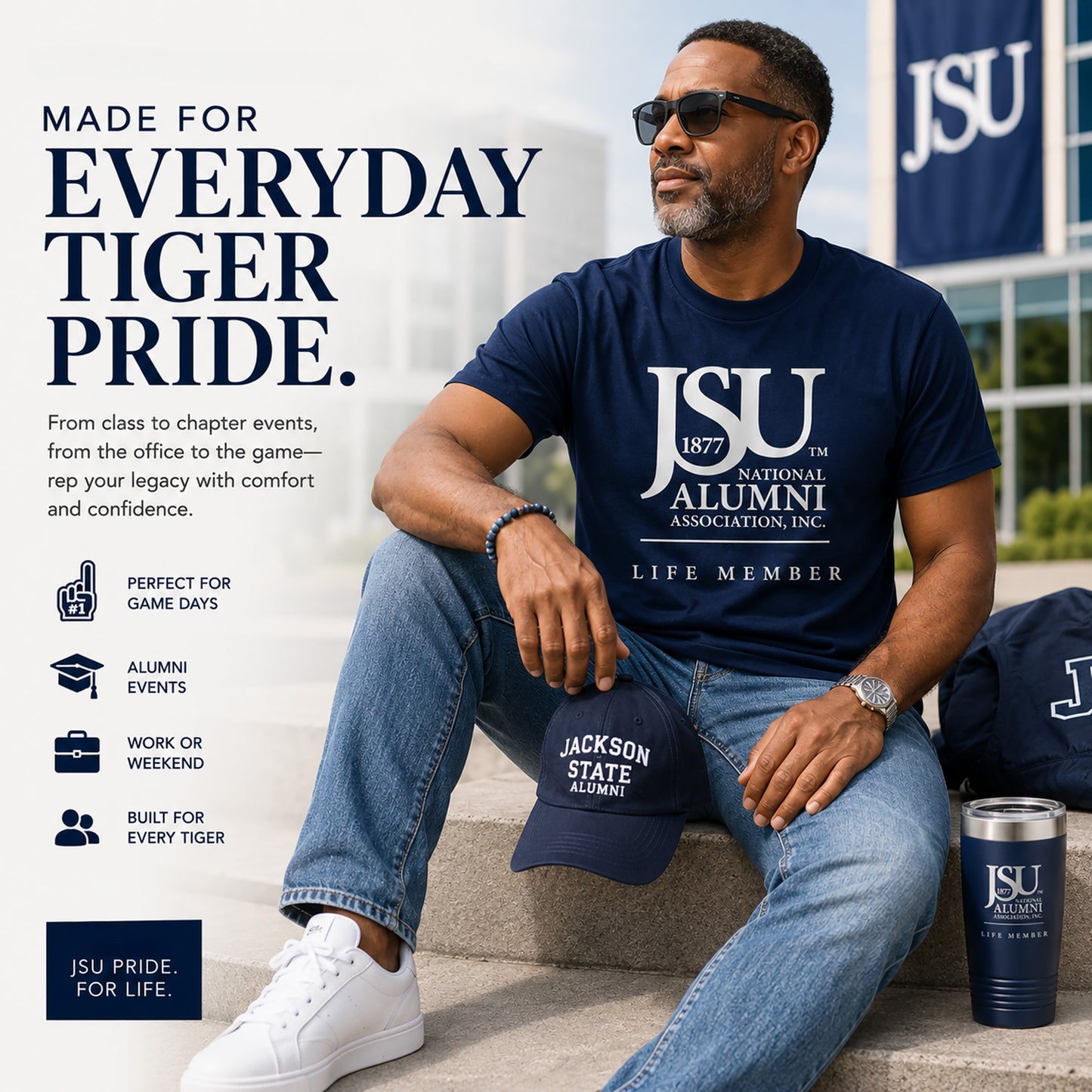 Jackson State University Life Member T-shirt styled for alumni events and everyday Tiger pride.