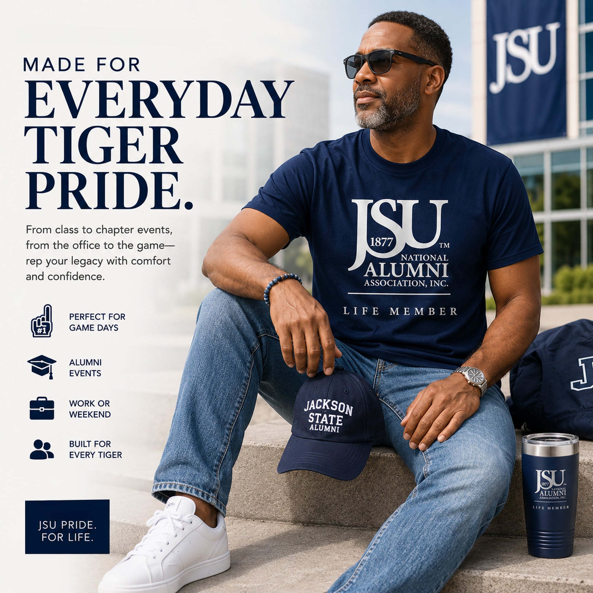 Jackson State University Life Member T-shirt styled for alumni events and everyday Tiger pride.