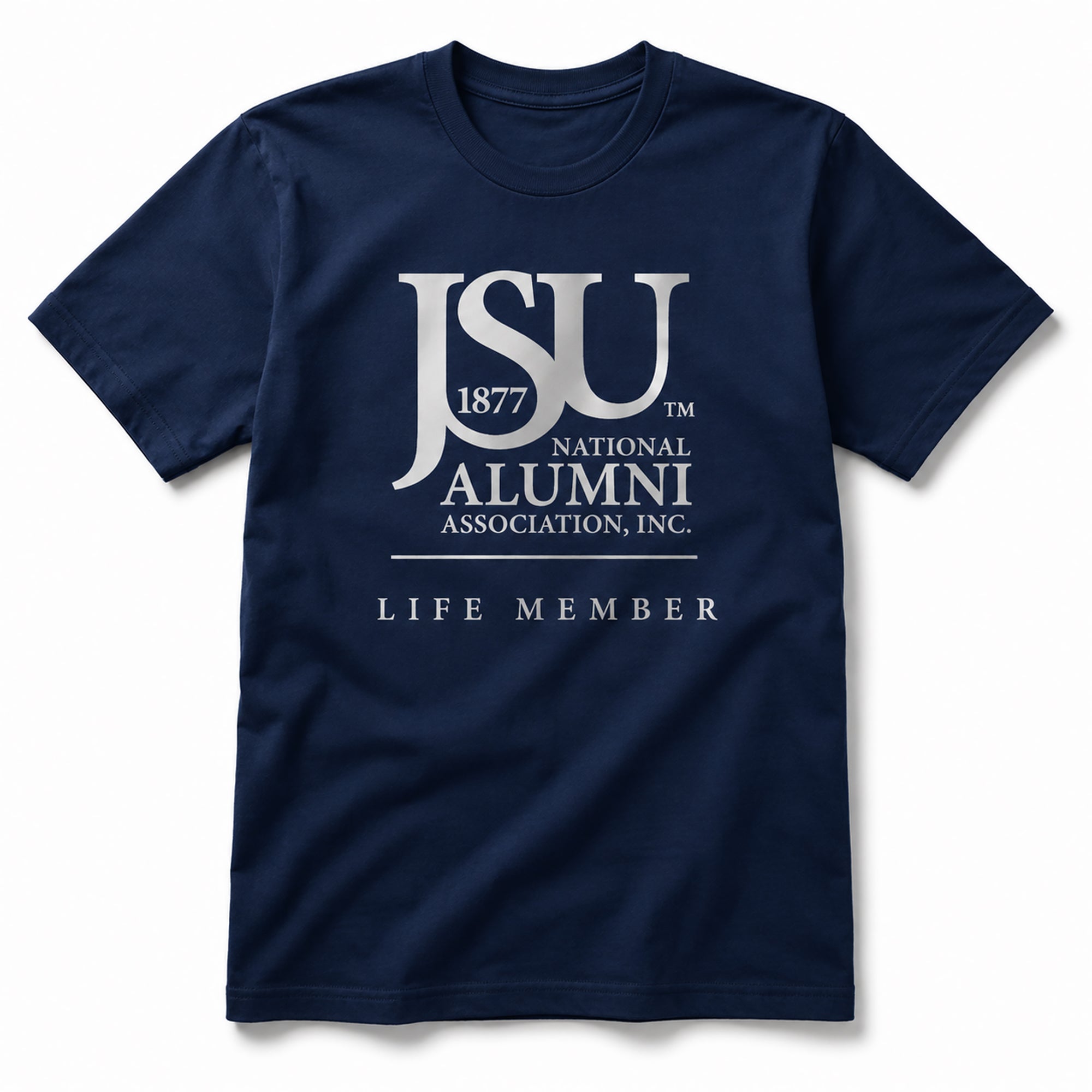Officially licensed Jackson State University Life Member navy blue T-shirt.