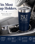 Jackson State University Life Member tumbler with narrow base designed to fit most cup holders.