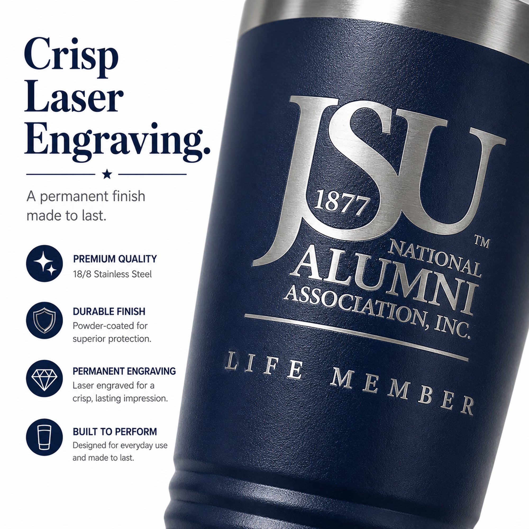 Close-up of laser engraving on the Jackson State University Life Member navy tumbler.