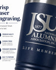 Close-up of laser engraving on the Jackson State University Life Member navy tumbler.