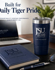 Jackson State University Life Member navy tumbler on an executive desk with laptop and notebook.