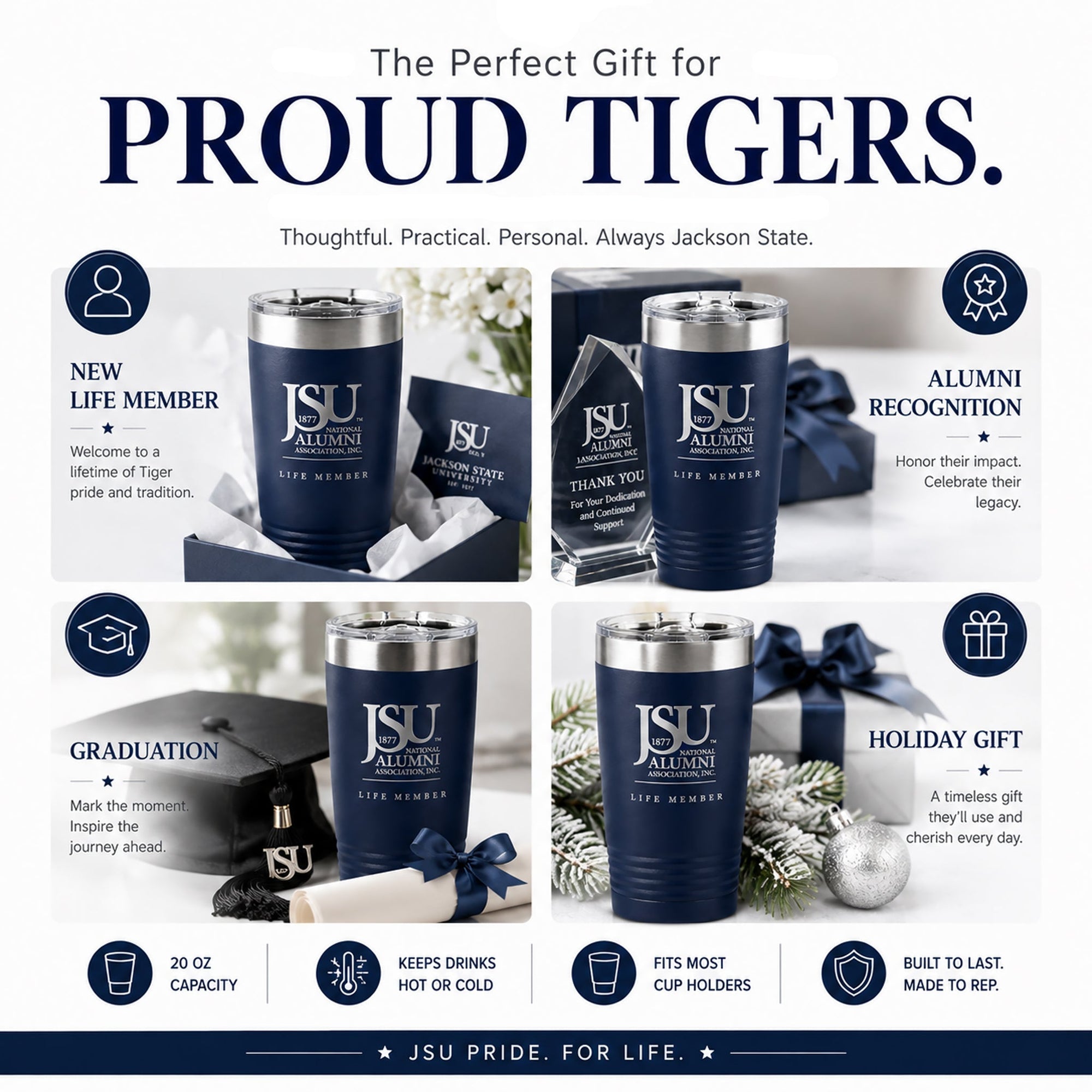 Jackson State University Life Member tumbler gift ideas for alumni, graduates, and recognition gifts.