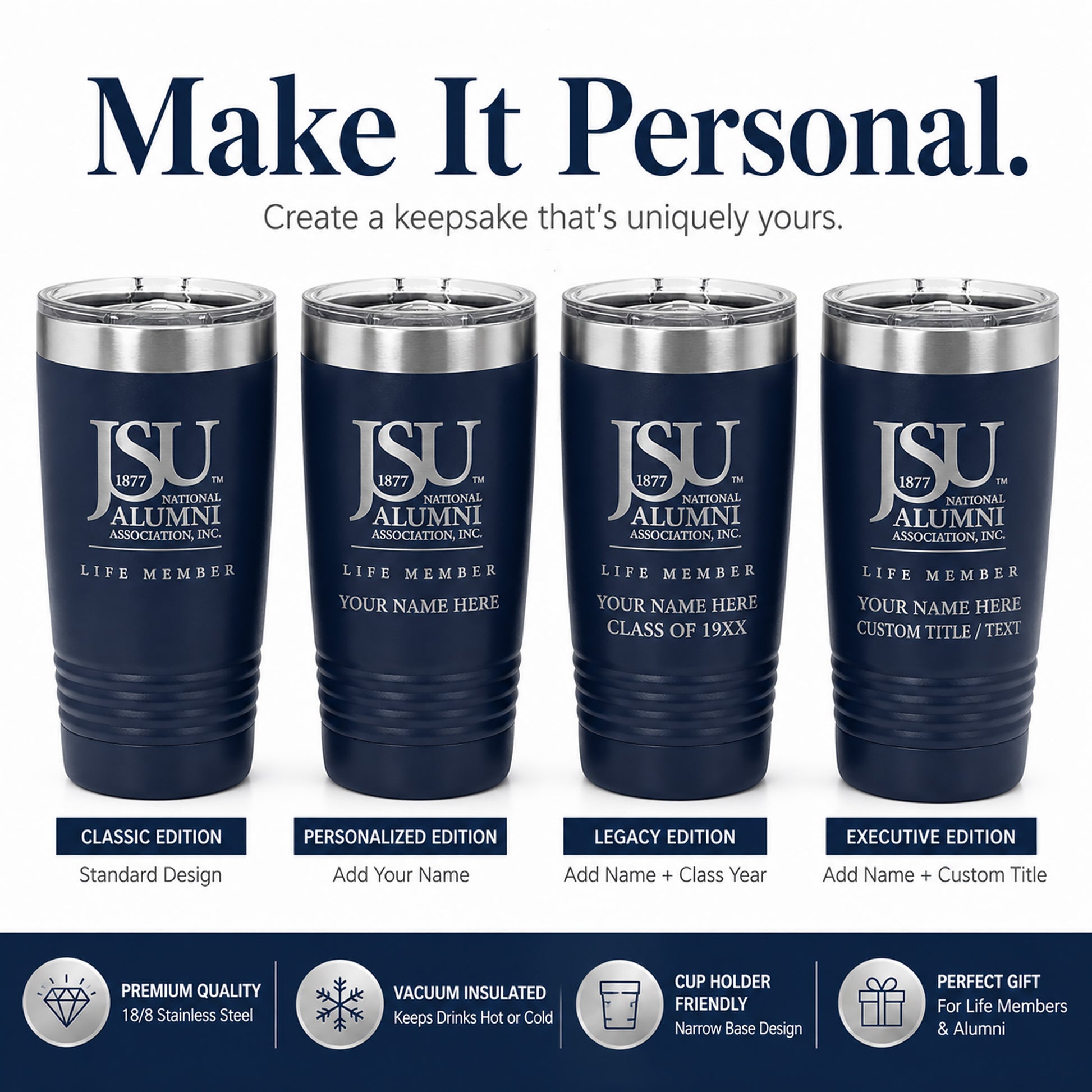 Personalization options for the Jackson State University Life Member 20 oz navy tumbler.