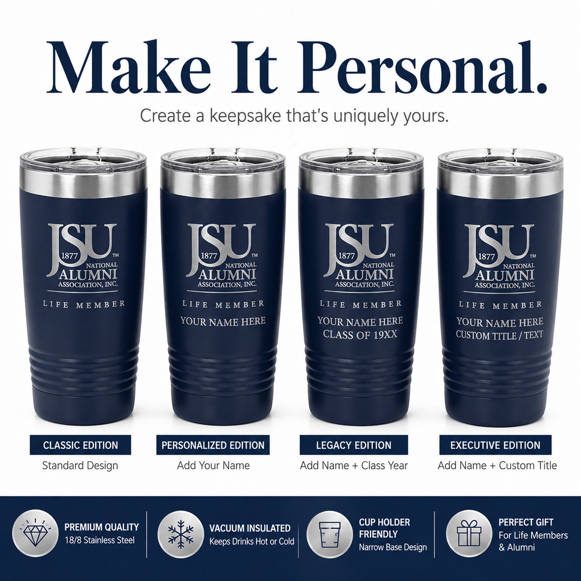 Personalization options for the Jackson State University Life Member 20 oz navy tumbler.