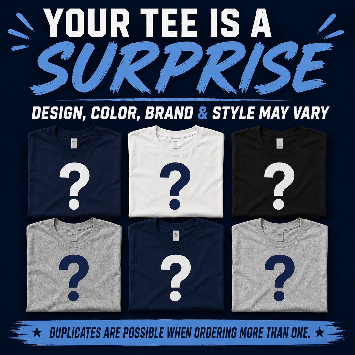 Assorted Jackson State mystery T-shirts in different colors with concealed surprise designs