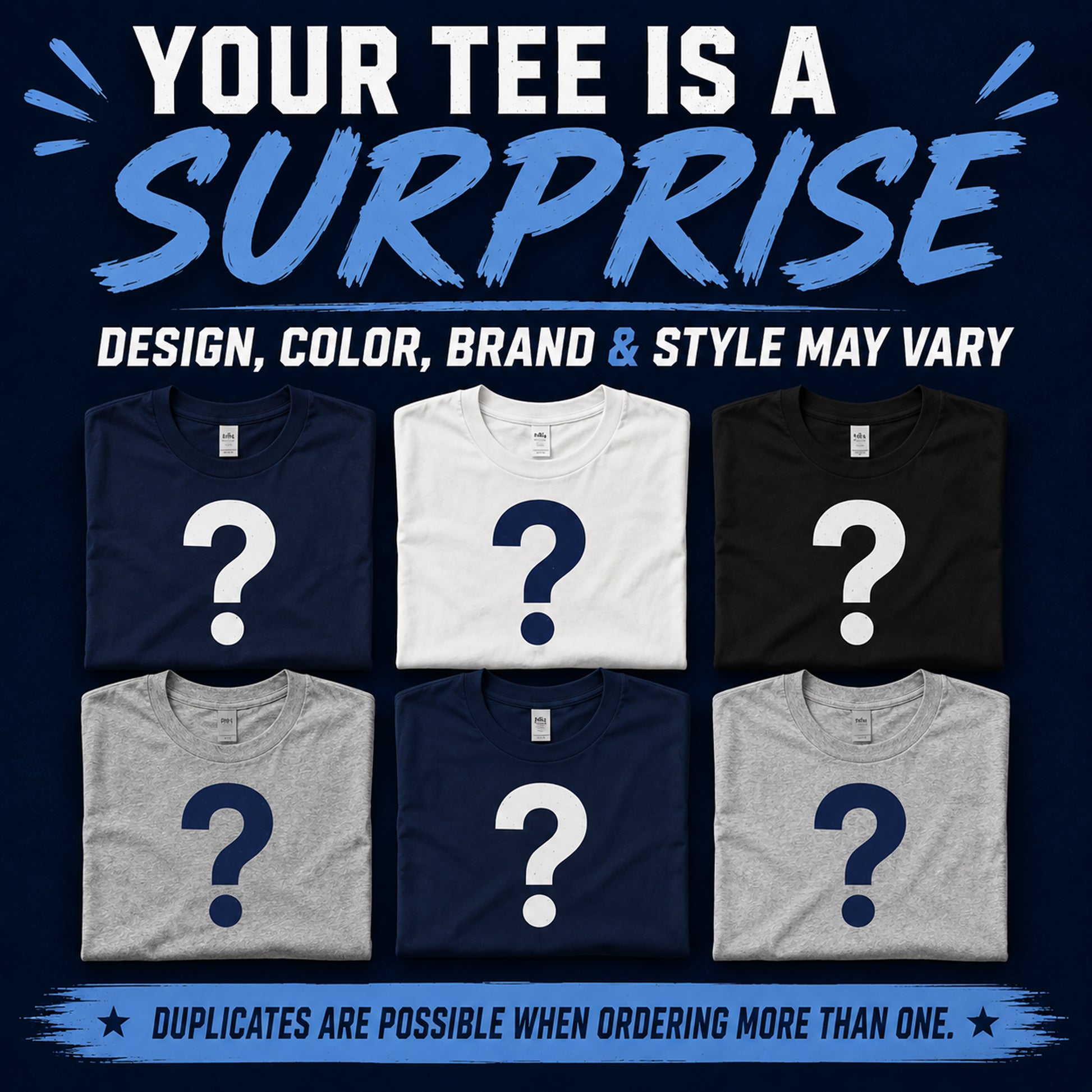 Assorted Jackson State mystery T-shirts in different colors with concealed surprise designs