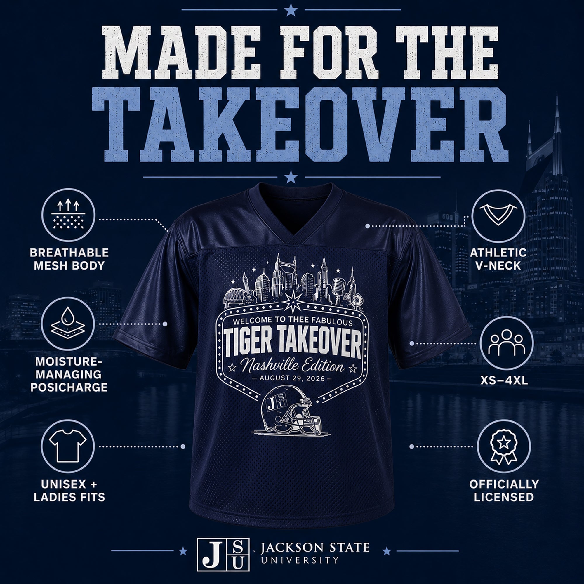 Navy athletic V-neck short-sleeve jersey with Tiger Takeover Nashville Edition graphic