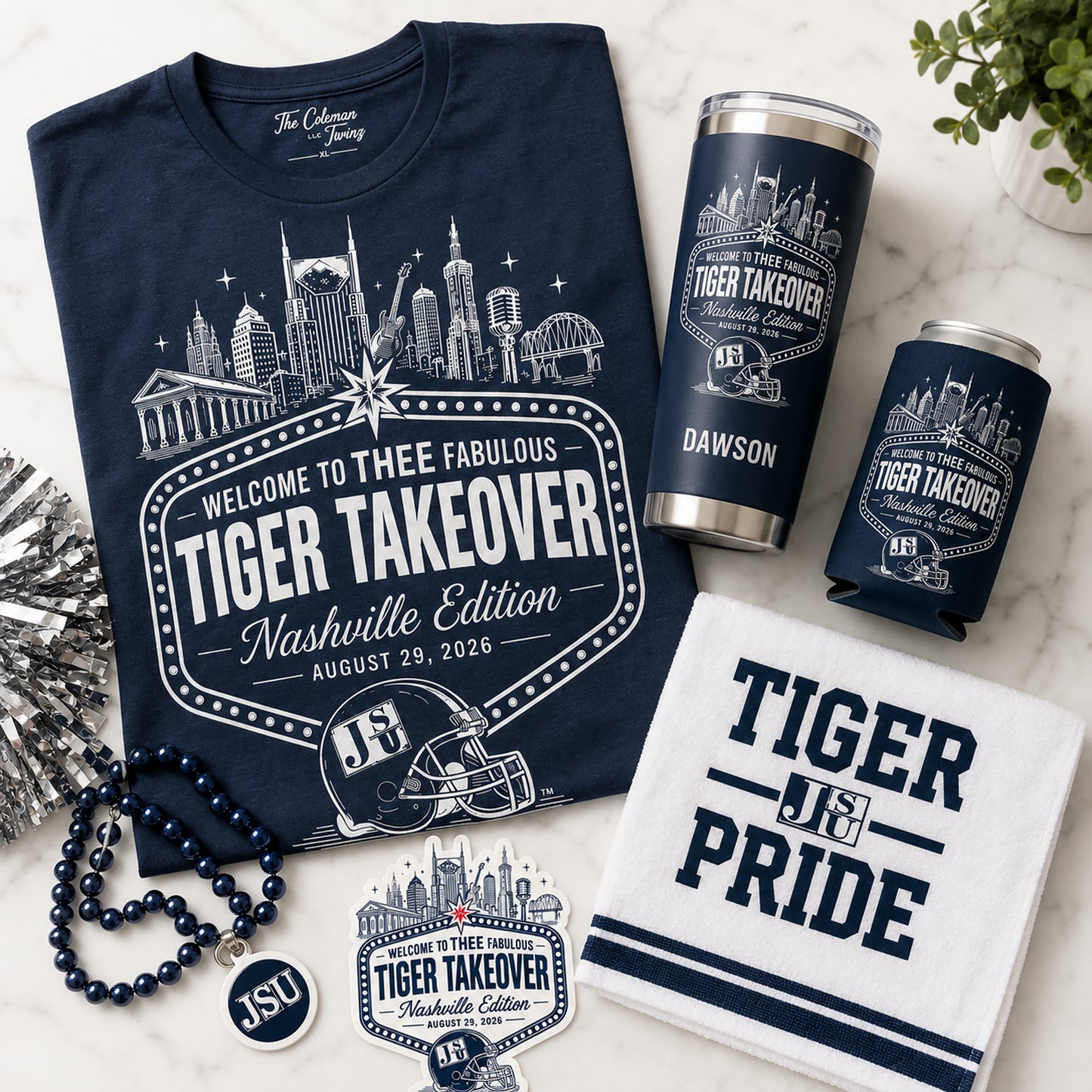 Jackson State Nashville Tiger Takeover shirt and game-day accessories bundle