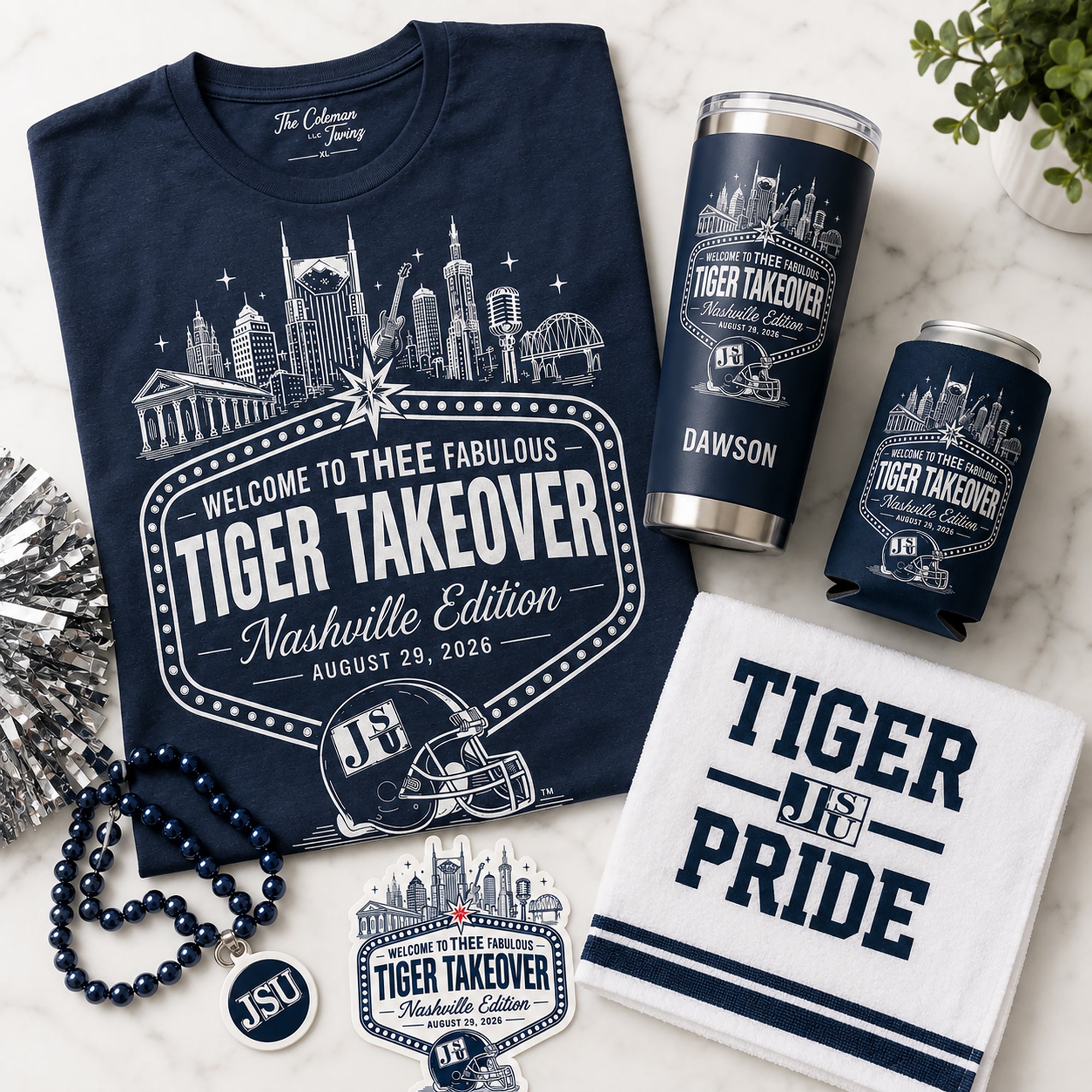 Jackson State Nashville Tiger Takeover shirt and game-day accessories bundle