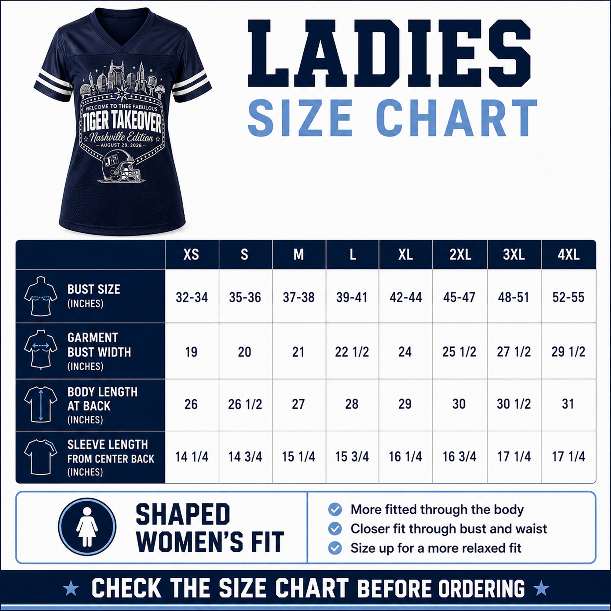 Navy jersey thumbnail for Ladies sizing with Tiger Takeover Nashville Edition front print